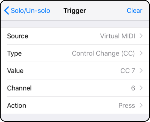 Trigger settings for MIDI Learn actions
